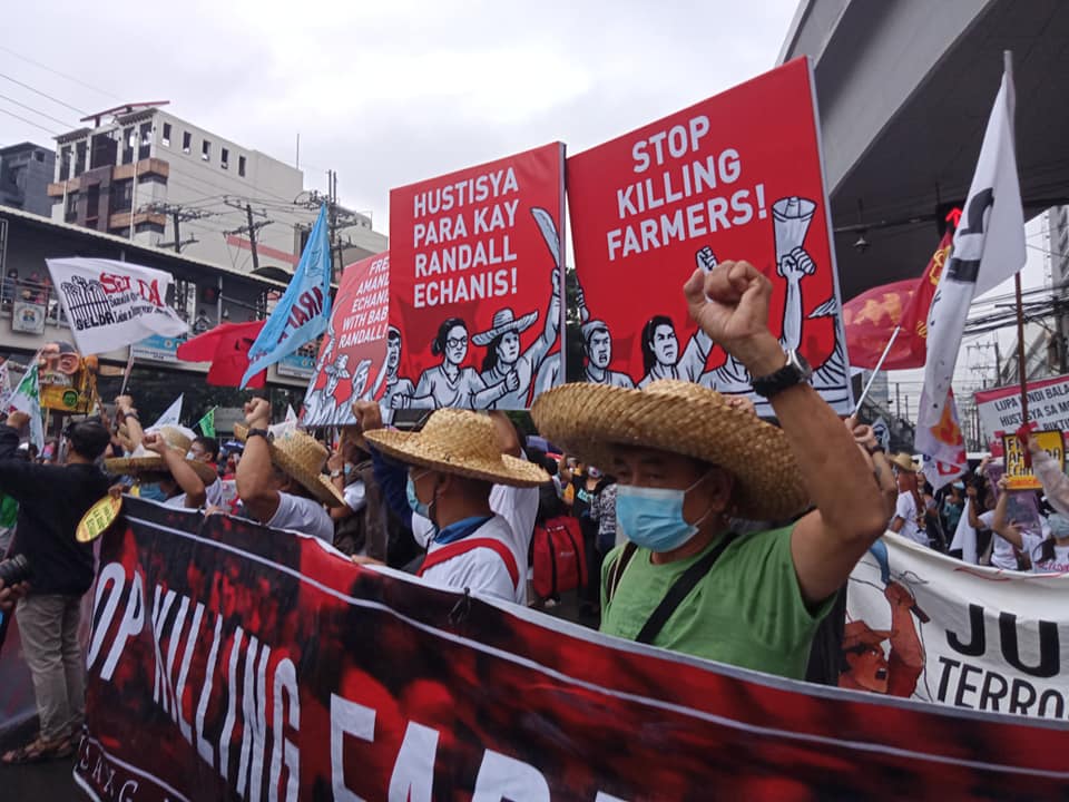 Farmers lead protest against extrajudicial killings in the Philippines, January, 9th 2021. Credit: KMP